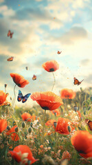 Obraz premium Champ de coquelicots en fleurs sous la lumière dorée du printemps