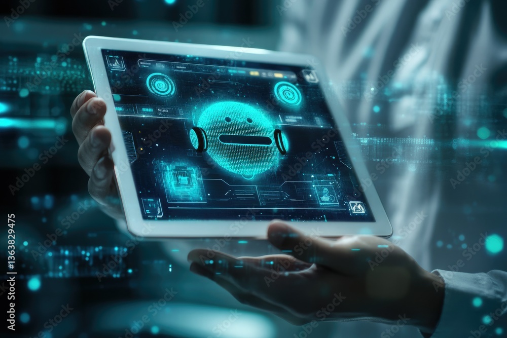Poster man holds tablet displaying glowing ai face, data visuals, hightech interface, modern