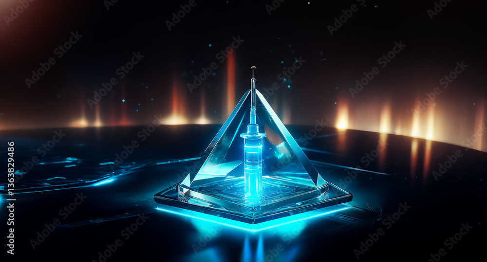 Poster futuristic glowing pyramid structure atop a dark platform with bright light streaks in the backgroun