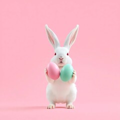 Fototapeta premium Cute white bunny juggling colorful Easter eggs on pastel pink background
