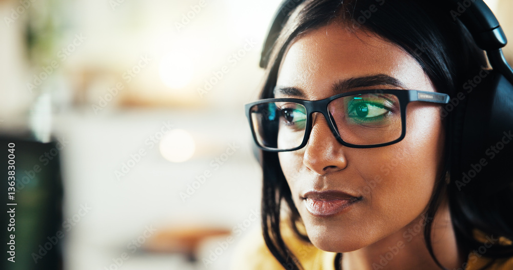 Poster Coding, developer or woman in headphones for remote work server or processing solution. Glasses, information technology or Indian programmer on computer for backend development or research in home