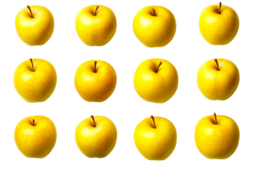 Fresh golden apples arranged pattern on black background, cut out transparent
