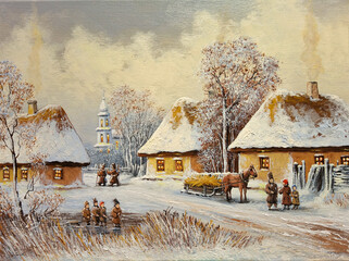 Winter landscape, paintings oil, fine art. Oil paintings rural landscape, old village
