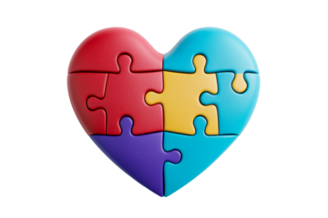 Colorful heart puzzle with pieces in red, blue, yellow, and purple