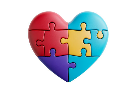 Colorful heart puzzle with pieces in red, blue, yellow, and purple - Powered by Adobe