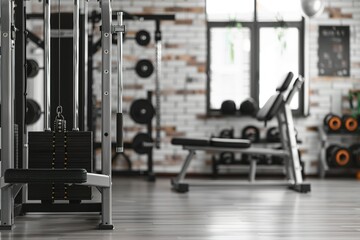 Gym interior with weight machine dumbbells and exercise bench for strength training