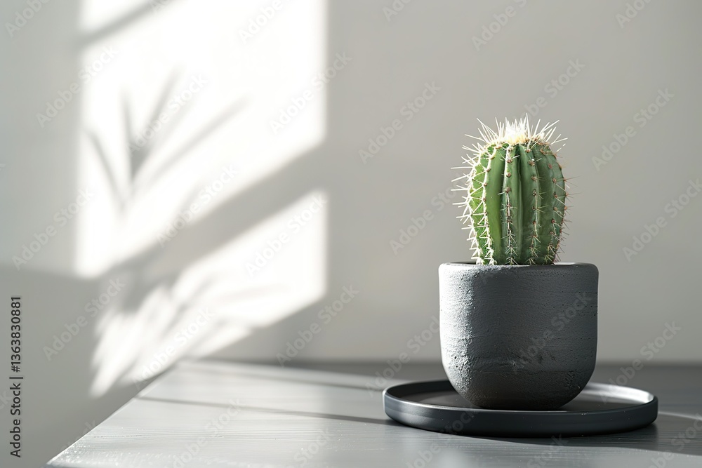 Poster a small potted cactus sits on a table with sunlit wall in background adding depth