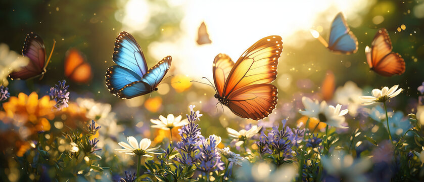 Papillons color&eacute;s au-dessus d&rsquo;un champ de fleurs sauvages ensoleill&eacute;