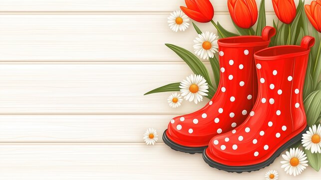 Bright red polka dot rain boots with tulips and daisies on white wooden background, copy space