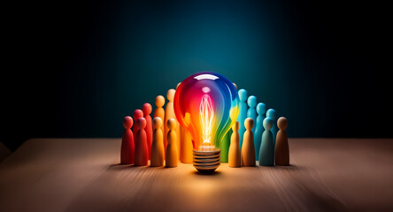 A group of colorful figures gathers around a glowing light bulb, symbolizing idea generation and collaborative innovation. The scene represents teamwork and diverse perspectives uniting for a bright s