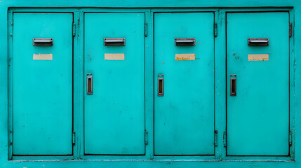 Four Turquoise Metal Doors With Handles And Faded Labels Showing Age And Wear