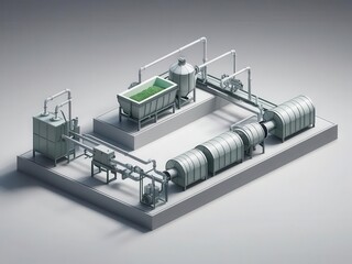 BCG bioeconomy concept. A detailed industrial setup featuring pipes, tanks, and machinery arranged for processing or manufacturing.