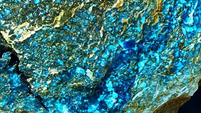 A close-up view of a vibrant blue mineral rock, showcasing shimmering crystalline structures and intricate patterns. The surface reflects light, highlighting the mineral's unique textures and colors.