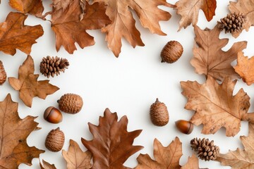 Autumn nature flat lay with brown oak leaves and acorns showcasing seasonal beauty