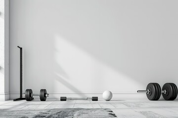 Minimalist home gym setup with weights stand exercise ball and soft gray rug