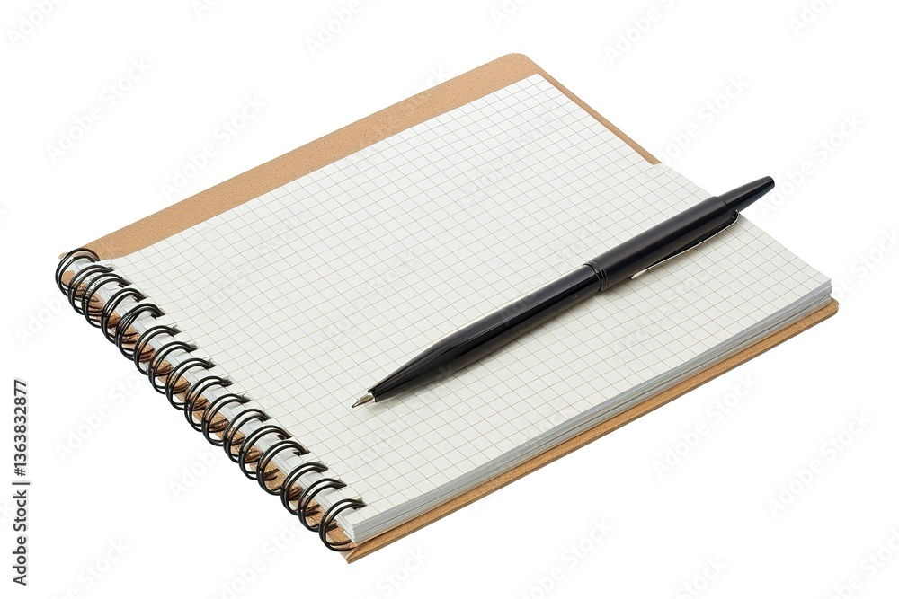 Poster open spiral notebook with graph paper pages and a black pen resting on top of it