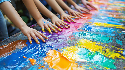Children's colorful finger painting art activity outdoors