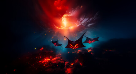 Bat-like creatures soar in a dark, cavernous space. A fiery red light from above illuminates the scene, casting glows and sparks around them in the dim atmosphere.