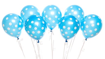 Six light blue polka dot balloons isolated on white.