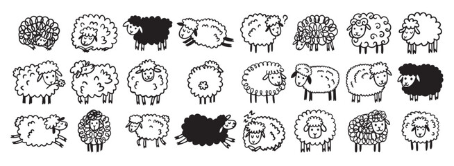 Doodle hand drawn funny cute sheep outline set. Drawing sheep