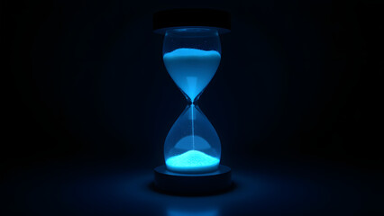 Blue bioluminescent sand glows in obsidian hourglass. Leaves afterglow trails. Pulses brighter at waist. Forms luminous fading dunes.