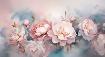 Obraz premium Soft pink peonies in a dreamy watercolor style create a gentle and elegant floral composition with soft pastel hues.
