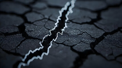 Obraz premium Deep Crack Across Dry Earth Surface Showing Texture and Structural Damage in Black and White