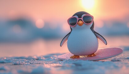 Cool Penguin Surfer at Sunset