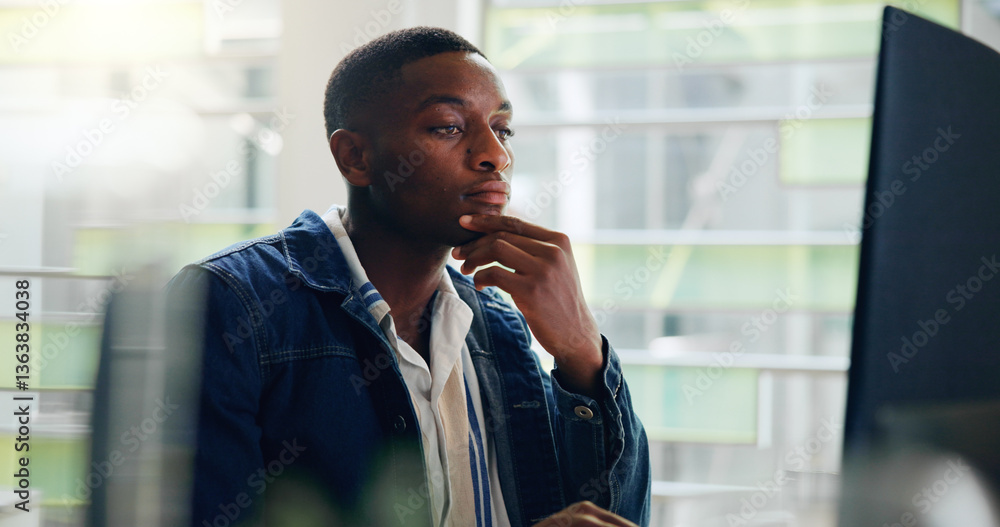 Poster computer, black man and thinking in workplace, journalist planning and online for reading info. seri
