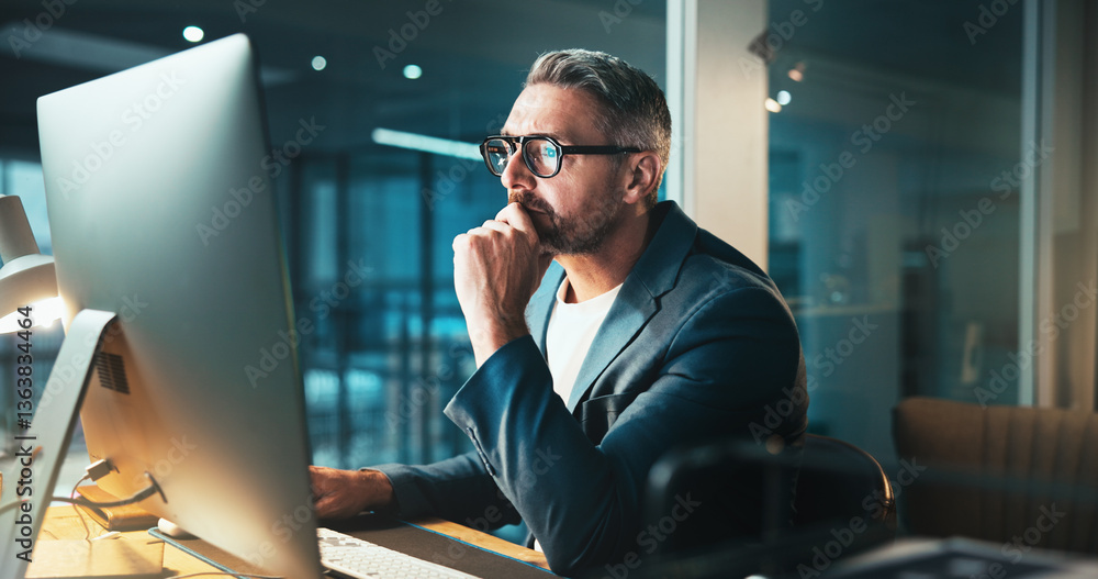 Aufkleber Man, programmer and thinking with computer at night for server programming, software update or deadline. Mature person, online and it for research of problem solving, system error and website upgrade