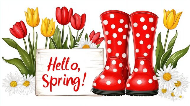 Bright red polka dot rain boots stand near wooden sign hello, spring, surrounded by flowers 