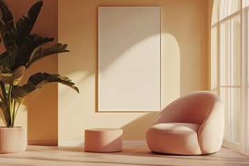 Minimalist Room Interior with Pink Chair, Potted Plant, Wood Floor, and Natural Sunlight