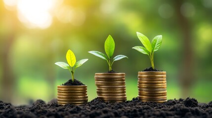 The image shows three stacks of shiny coins beside small green plants, illustrating the link between financial growth and environmental sustainability, highlighting how they benefit each other