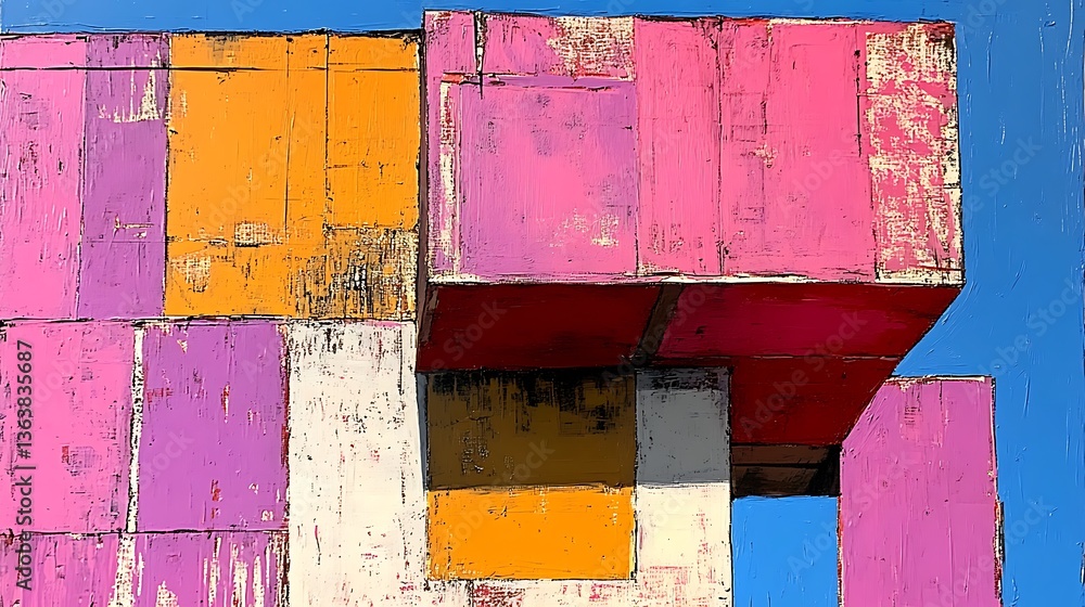 Aufkleber digital artwork featuring a geometric, abstract structure composed of large, rectangular blocks stac