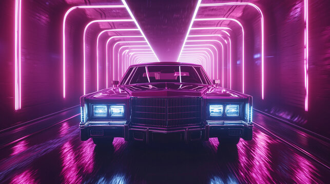 Classic car in neon tunnel, vibrant lights, futuristic background, ideal for music album cover