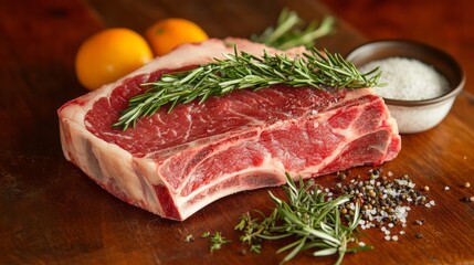 Fototapeta premium Raw ribeye steak garnished with rosemary oranges and spices