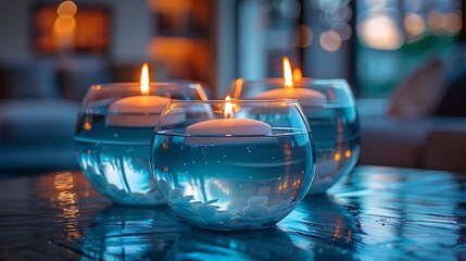 Glowing Candles Floating in Glass Bowls Filled with Water and Decorative Stones on a Blue Table