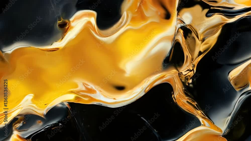 Poster an abstract composition of swirling golden and black liquid textures, creating a dynamic and fluid a