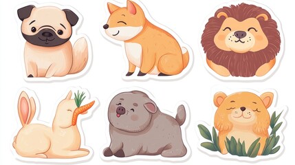 Adorable cartoon animals stickers;  pug, fox, lion, rabbit, pig, lion cub; white background; for kids' crafts