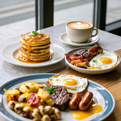  Full English Breakfast with Pancakes and Coffee