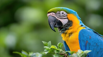 Fototapeta premium Vibrant macaw portrait against a lush green backdrop. Close-up view of a colorful parrot with a striking blue and yellow plumage. Details of its beak and eye are showcased