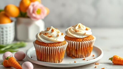 Delicious carrot cupcakes with cream frosting and decorative toppings on a white plate