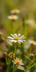 Beautiful daisies blooming in a vibrant green field during a sunny spring afternoon