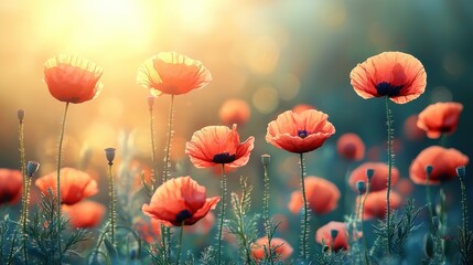 Obraz premium Sunlit Poppy Field: A Symphony of Scarlet Blooms at Golden Hour