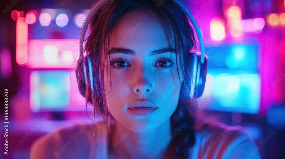 Aufkleber Woman engages in technology-focused work at her modern workspace illuminated by a glowing computer screen in the evening