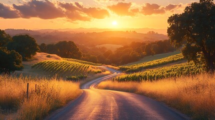 Fototapeta premium Golden Sunset Over Winding Road Through Picturesque Landscape: A Scenic Vista of Rolling Hills, Vineyards, and Warm Light.