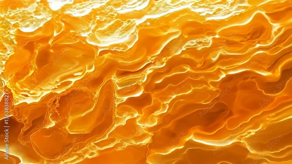 Poster a close-up view of a vibrant orange and yellow abstract texture resembling flowing liquid or agate s