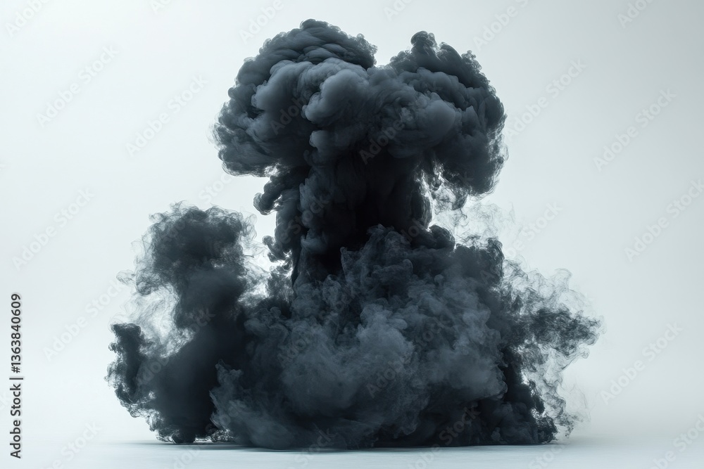Poster Dramatic black smoke swirling in fluid motion against a white background showcasing its dynamic form in a controlled studio environment