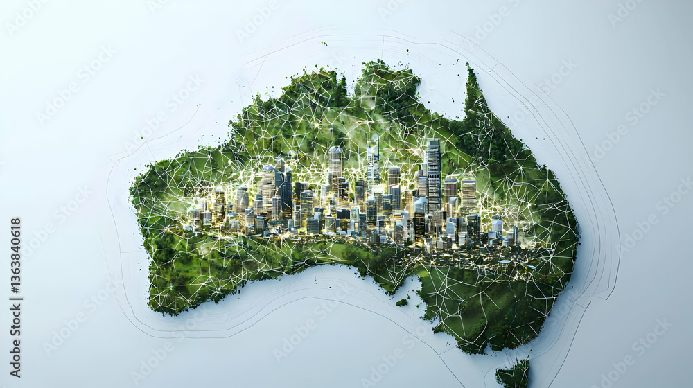 Aufkleber isometric view of australia map made with green pixelated surface and data connectivity with highlig