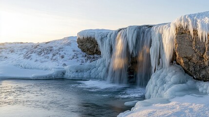Frozen Waterfall in Winter Landscape